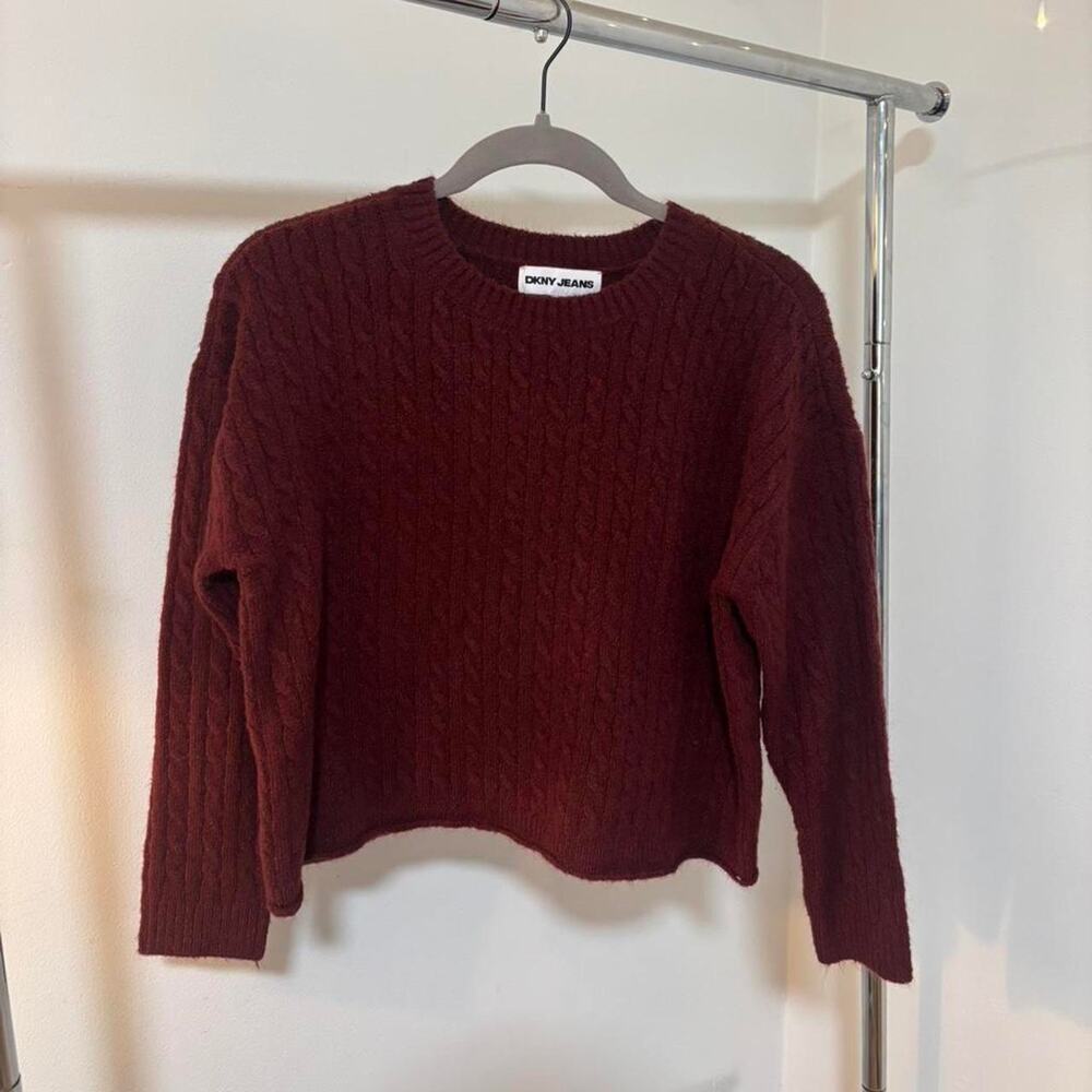 DKNY Jeans Burgundy Cable Knit Sweater Women Size M Knitwear Long Sleeve Cozy